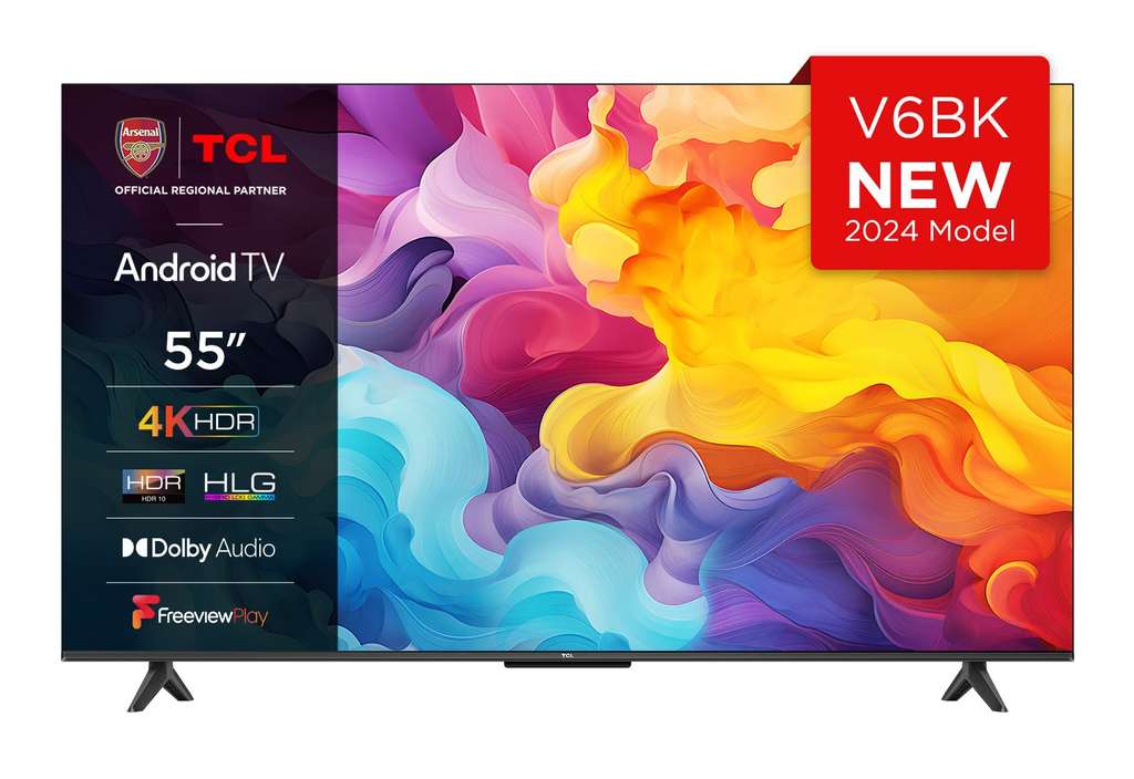 TCL 55V6BK 55" 4K Ultra HD/HDR Android Smart TV(Dolby Audio, Voice Control,Compatible with Google Assistant,2024 Model)(Delayed Delivery)